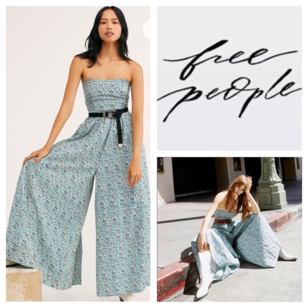 NWT Free People Mustang Strapless Ditsy Floral Wide Leg Jumpsuit Blue Size L - Picture 4 of 12